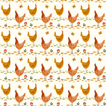 Cute chicken watercolour pattern. Hand painted with folklore elements.の写真素材
