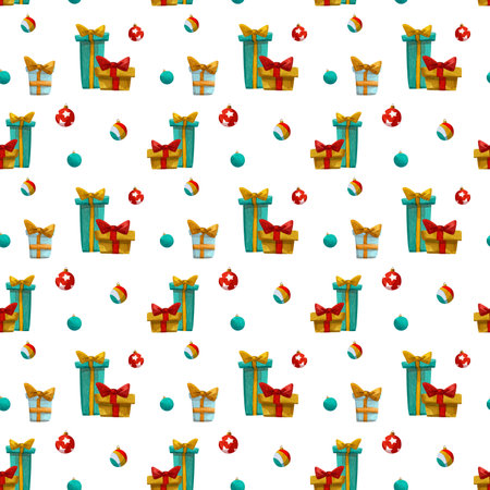 Watercolor seamless pattern with new year balls and gifts new year.の写真素材