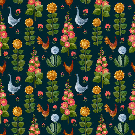 Cute watercolour pattern. Illustration with farm birds and flowers.