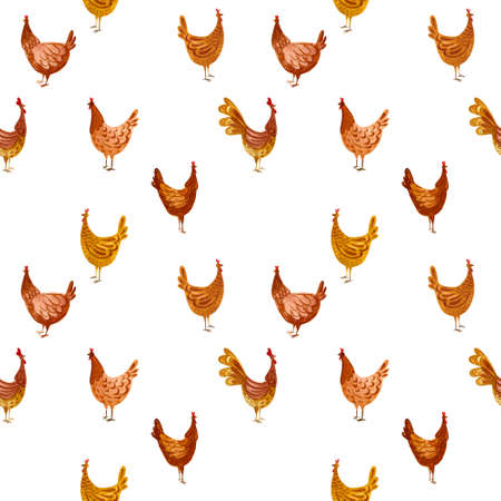 Cute chicken watercolour pattern. Hand painted with folklore elements.の写真素材
