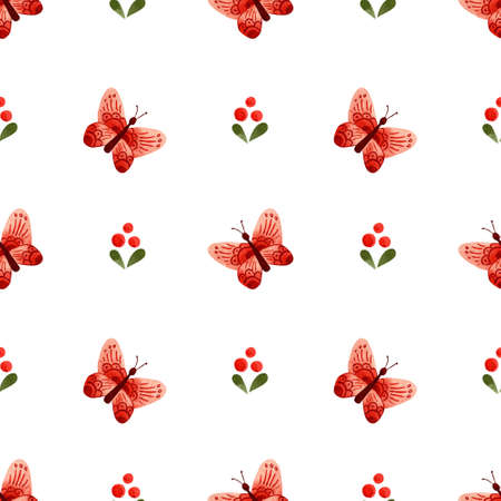 Butterflies watercolour pattern. Folk illustration with flowers.の写真素材