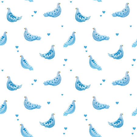 Pattern with watercolor pigeons and hearts. Illustration drawing in folklore style.の写真素材