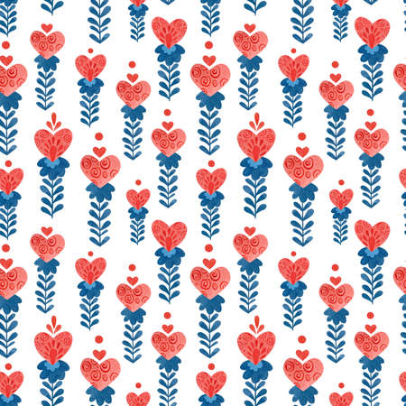 Seamless pattern with abstract flowers-hearts. Drawing in folklore style.の写真素材
