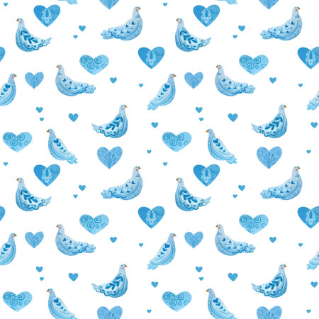 Pattern with watercolor pigeons and hearts. Illustration drawing in folklore style.の写真素材
