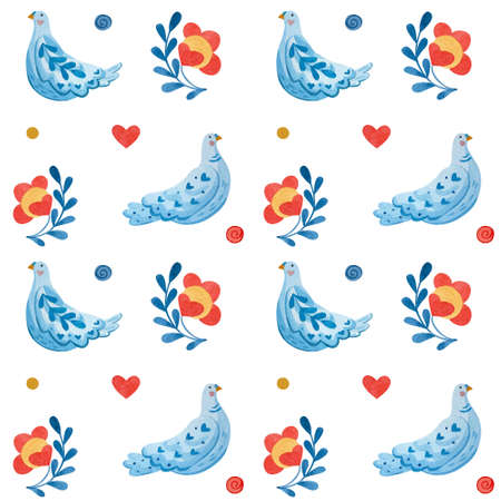 Watercolor pattern with doves, hearts and flowers. Illustration painted in folk style.の写真素材