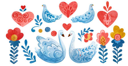 Folklore set with swan, pigeons, hearts, flowers, twigs. Set for Valentines.の写真素材
