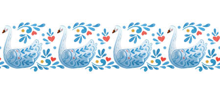 Seamless borders with swans, heart and folklore elements