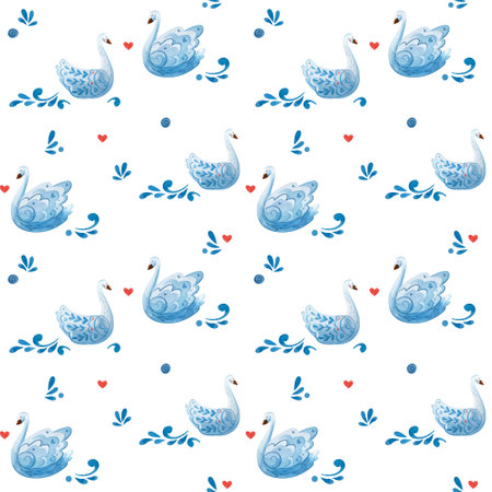 Abstract watercolor pattern swan lake. Birds and folklore elements.の写真素材