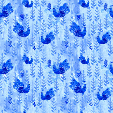 Seamless watercolor pattern of folk birds and flowers. The illustration is executed in naive style in ultramarine color.の写真素材