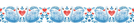 Seamless borders with swans, heart and folklore elements