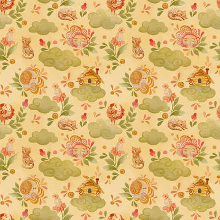 Seamless pattern of clouds, sun, moon, hut and flowers in folklore style.の写真素材