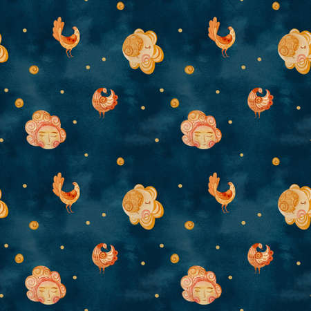 Watercolor pattern with sun, moon and bird, drawn in folklore style.の写真素材