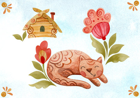 Composition with a cat, a house and folklore flowers.の写真素材