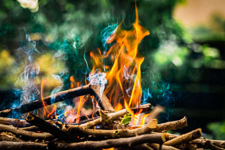 Bonfire with burning firewood in the garden, close-upの写真素材