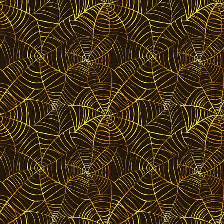 Seamless spider web pattern for Halloween hand-drawn with goldの写真素材