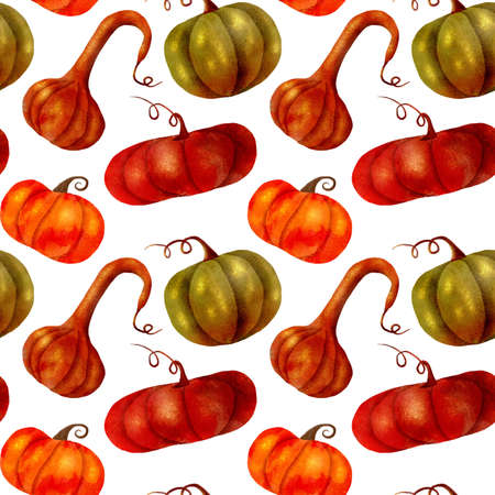 Hand drawn seamless pattern autumn watercolor pumpkins Halloweenの写真素材
