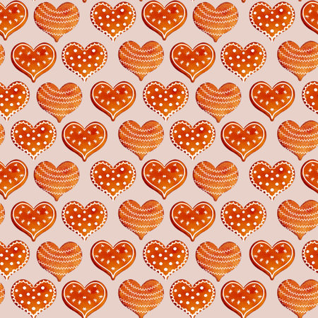 Hand drawn watercolor seamless pattern with Christmas gingerbread cookies, candies, heartの写真素材