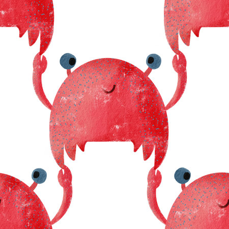 Seamless watercolor pattern with cute cartoon red crabsの写真素材