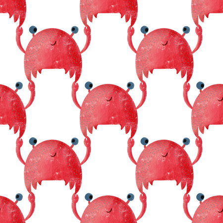 Seamless watercolor pattern with cute cartoon red crabsの写真素材
