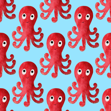 Watercolor seamless pattern with red cute cartoon octopusesの写真素材
