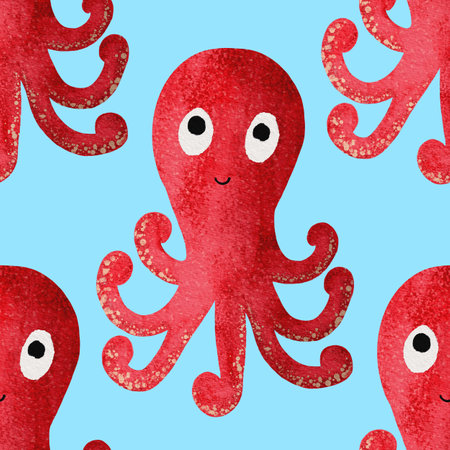 Watercolor seamless pattern with red cute cartoon octopusesの写真素材