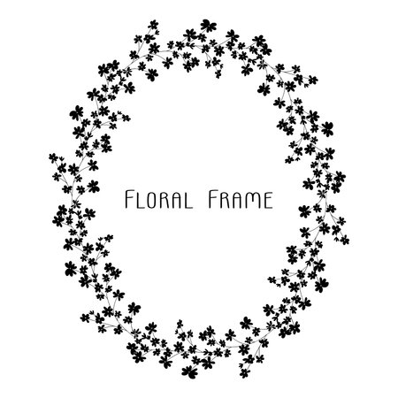 Hand drawn delicate floral frame, a wreath of black small flowersのイラスト素材