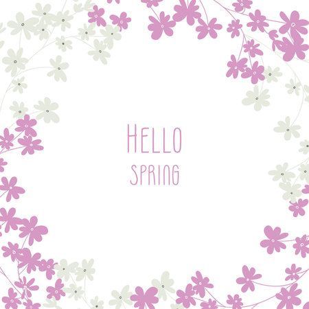 Hand drawn line purple floral frame of twigs, botanical wreath of pink branches, leavesのイラスト素材