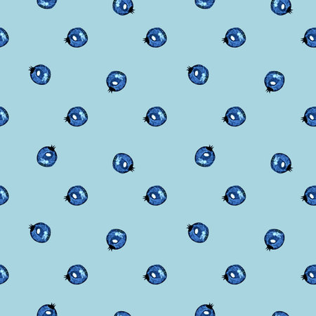 Hand drawn watercolor seamless pattern of blueberries, bilberries