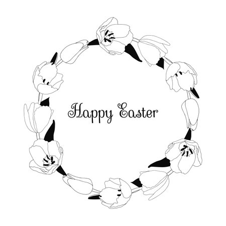 Hand-drawn vector Easter wreath of tulips with leavesのイラスト素材