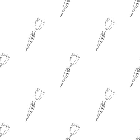 Hand drawn seamless vector pattern of blomming outline tulips doodle style, ink scetchのイラスト素材