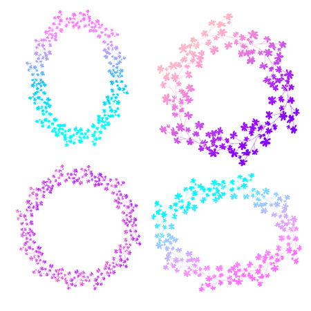 Hand drawn delicate rainbow vector set of flower frames, wreaths of twigs and small flowers with a gradient of blue and pinkのイラスト素材