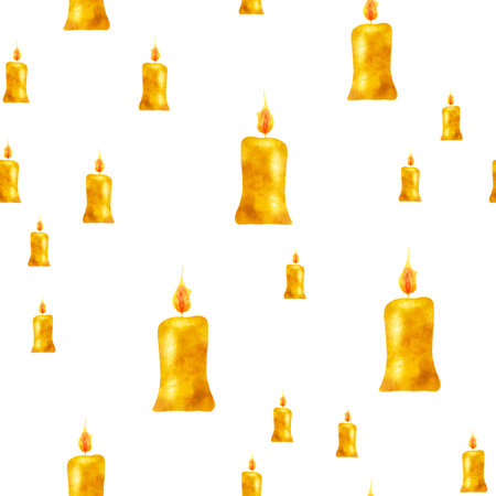 Watercolor hand drawn seamless pattern of yellow burning candles on a white backgroundの写真素材