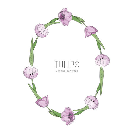 Hand drawn vector floral frame with pink flowers tulips, branch and leaves. Elegant logo template.のイラスト素材