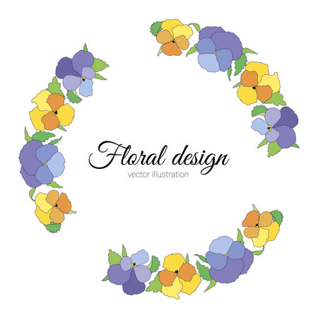 Vector frame of spring bright flowers pansies, floral wreath of cute colorful violetsのイラスト素材