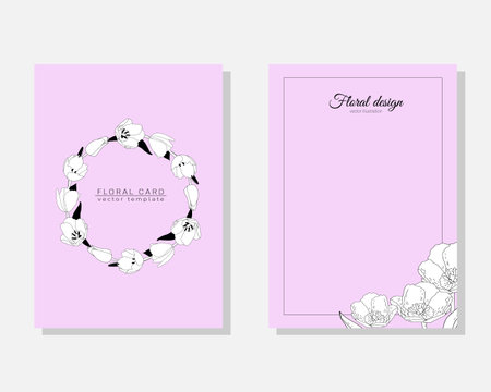 Vector set of luxury cards, templates with hand drawn flowers tulips for birthday, wedding, anniversary invitation on pink backgroundのイラスト素材