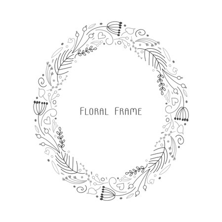 Vector cute frame of hand drawn botanical small elements, twigs, berries, flowers, pine branches in doodle style, isolatedのイラスト素材