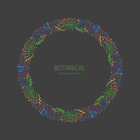Vector cute frame of hand drawn botanical small elements, twigs, berries, flowers, pine branches in doodle style, isolatedのイラスト素材