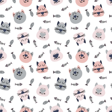 Hand drawn cat vector seamless pattern of funny cartoon kittens, fish, fish boneのイラスト素材