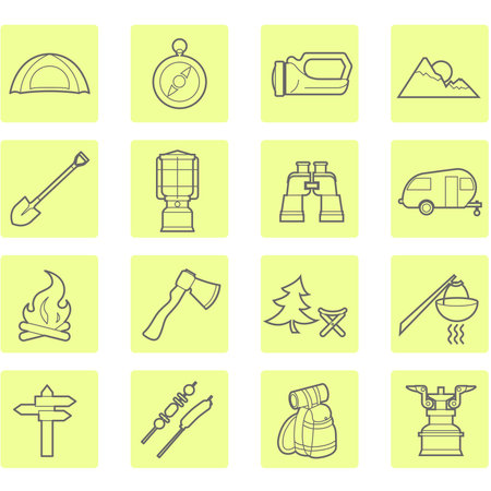 Camping equipment and outdoor travel icons setのイラスト素材