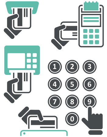 ATM keypad and POS-Terminal - simple icons of hand with credit cardのイラスト素材