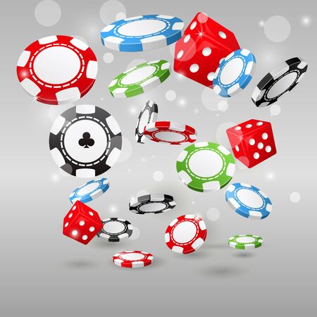 Gambling and casino symbols - flying poker chips and diceのイラスト素材