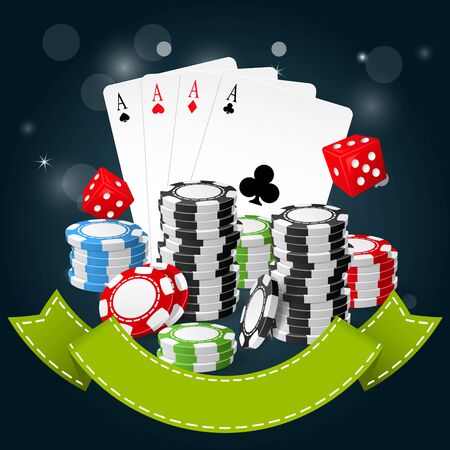 Gambling and casino poster - poker chips, playing cards and diceのイラスト素材