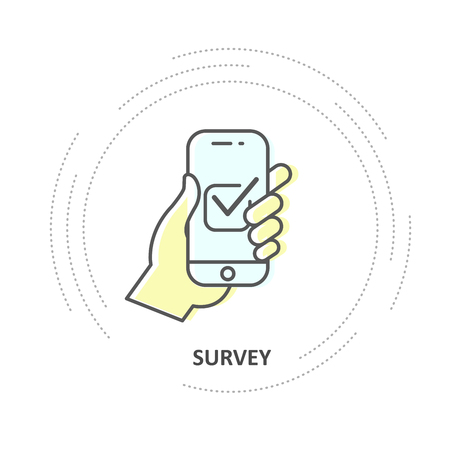 Online survey - checkbox on smartphone screen, hand holds smartphone and votesのイラスト素材