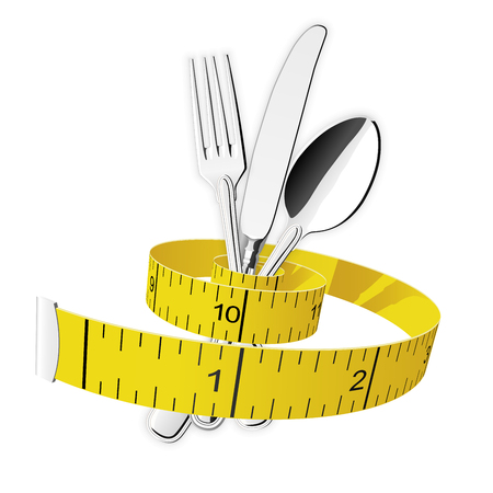 Diet and lose weight concept - measuring tape tighten fork, spoon and knifeのイラスト素材
