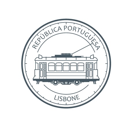 Vintage city tram - tramway in Lisbon, Portugal emblem, outline of retro tramcarのイラスト素材