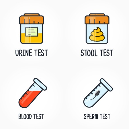 Human biology tests, sperm, blood, urine and stool DNA icon, test containersのイラスト素材