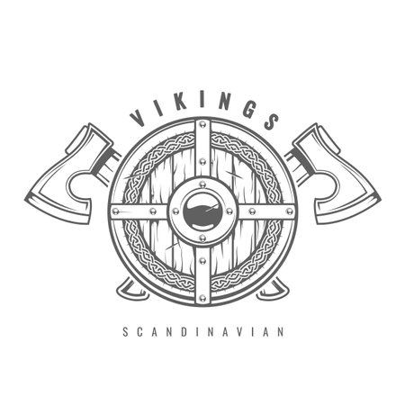 Round Viking shield with crossed axes and celtic pattern, medieval wooden armor with hatchets, old shield decorated with scandinavian ornamentのイラスト素材