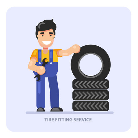 Car tire fitting service concept, man worker and stack of car wheels, tyre change station, vectorのイラスト素材