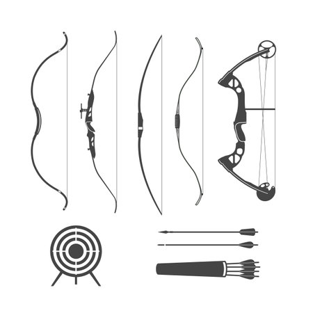 Ancient wooden bow and modern sport archery, silhouettes of bows and arrows isolated on white background, vectorのイラスト素材