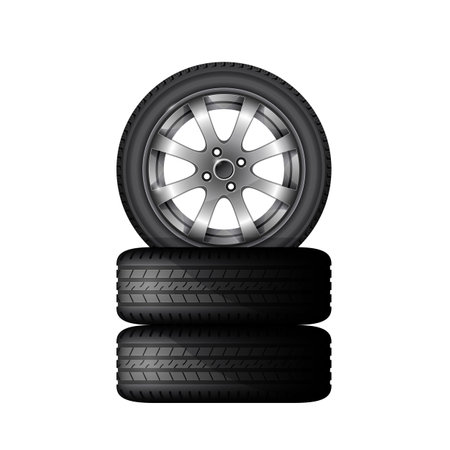Pile of car tires with alloy wheel rim, tyre fitting service and sale advertisement poster, vectorのイラスト素材